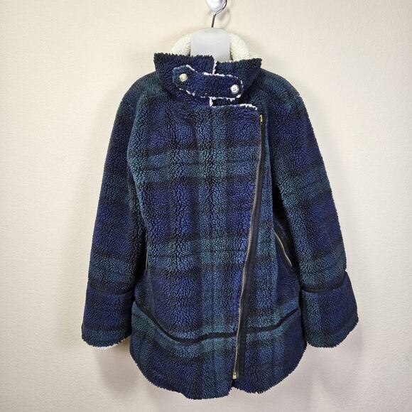Faherty Montana Faux Shearling Coat Plaid Asymmetric Zip Moto Blue Sherpa XL - Picture 7 of 16